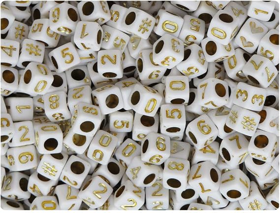 BeadTin White Opaque 6mm Cube Plastic Alpha Beads - Gold Number Mix (200pcs)
