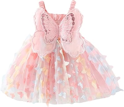 Toddler Baby Girl Princess Butterfly Wings Fairy Dress Sleeveless Strap Pleated A-Line Layered Tulle Tutu Dresses Colorful, 3-4 Years