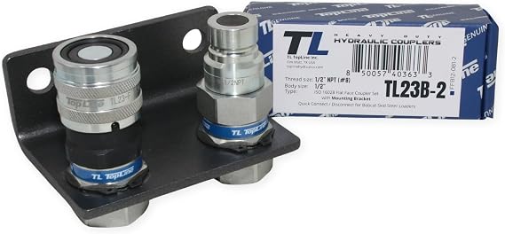 1/2" Hydraulic Quick Connect Coupler Set, Flat Face, 1/2" NPT, ISO 16028, Heavy-Duty Steel, Includes Mounting Bracket, Fits Skid Steer Bobcat Attachments - TL23B-2