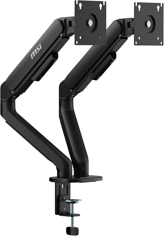 MSI MAG MT101DG - Gas Spring Dual Monitor Stand Arm, Supports 17-32" and 22 lbs, VESA Compatible, Adjustable Gas Spring Mount, Clamp & Grommet, Quick Release Plate Black
