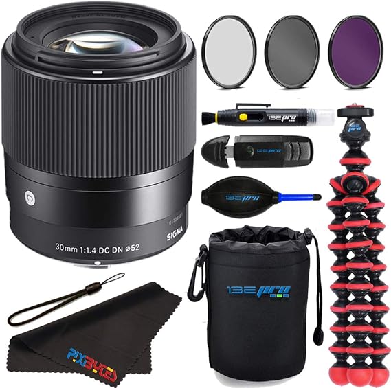 Sigma 30mm F1.4 Contemporary DC DN Lens for Sony E + Pixibytes Essenials Bundle