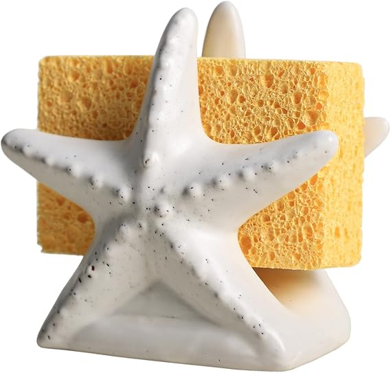 Ceramic White Starfish Sponge Holder for Kitchen Sink, Compact Sink Caddy Organizer, Scouring Pad and Dish Sponge Holder