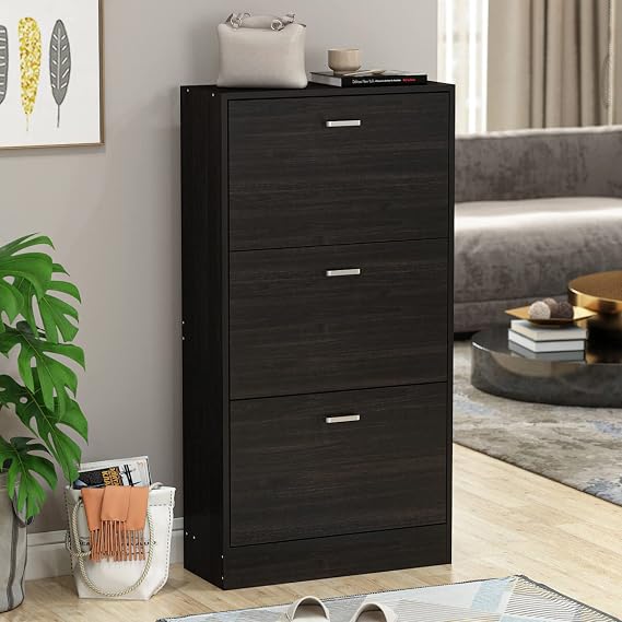 Shoe Storage Cabinet, Narrow Shoe Cabinet with 3 Flip Drawers & Adjustable Shelf, Small Space Entryway Freestanding Shoe Rack, Black Brown (23.6" W x 9.4" D x 45.5" H)