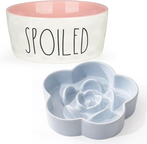 Bundle of 70OZ Pink Ceramic Dog Bowl and 11.3oz Blue Ceramic Slow Feeder Dog Bowl, for Medium and Large Breeds, Non-Slip, Dishwasher and Microwave Safe