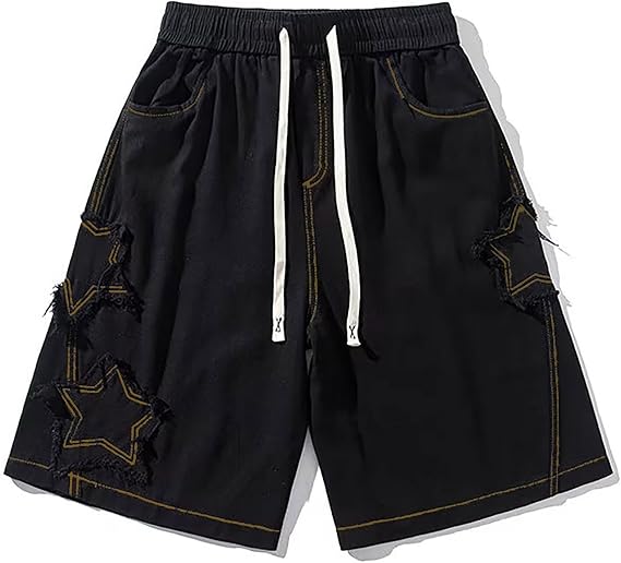 Womens Y2k Baggy Jorts Star Patchwork Wide Leg Jean Shorts Pockets
