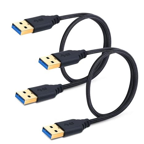 USB 3.0 Type A Cable - 1.5Ft Male to Male, Super Speed Braided Cord for Hard Drives, Laptops, DVD Players - 2Pack, Black