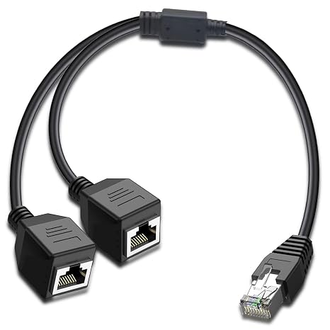 Ethernet Splitter 1 to 2, RJ45 Internet LAN Network Splitter Adapter 1 Male to 2 Female Suitable Cat5, Cat5e, Cat6, Cat7 LAN Socket Connector(Only One Port Works at a Time)