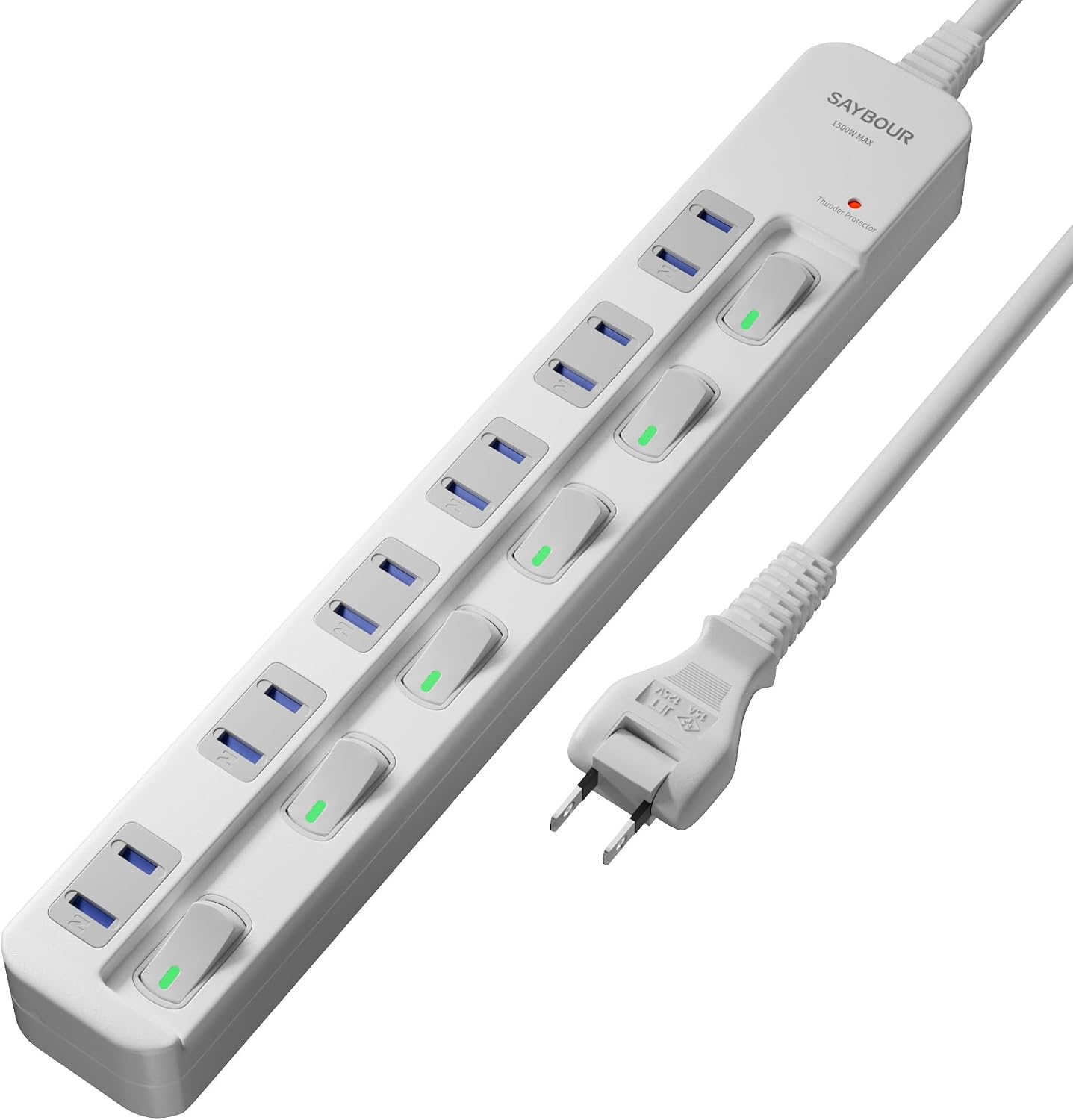 Power Tap, Lightning Guard, Individual Switch, Energy Saving Tap, Stylish Energy Saving AC Outlets, 6 Outlets, LED, PSE Certified, Extension Cord 6.6 ft 2 m, White