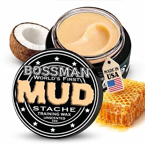 Bossman MUDstache Unscented Mustache Wax for Men 1 oz Strong 24-Hour Hold, Non-Tacky & Easy to Apply for Taming & Styling