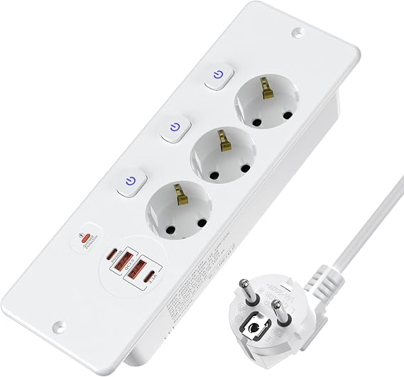 Table Top Retractable Socket 3 Compartments Built-in Power Strip with 4 USB Built-in Socket with USB C (PD 20W) Table Socket with Individually Switchable - 2 m Cable White