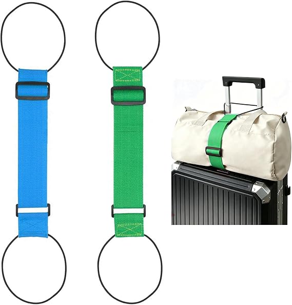 2 Pack Multi Use Strong Adjustable Luggage Connector Straps for Suitcases | Flexible Luggage Belt Strap Travel Accessories Elastic Fastening Bag Strap Suitcase Connector Straps (Blue and Green)
