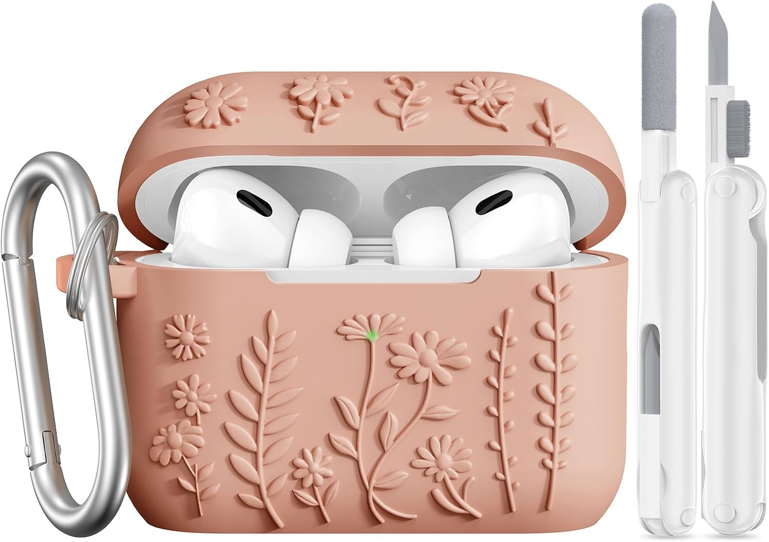 AIRSPO Airpod Pro 第2世代ケース、3Dフローラルエンボスソフトシリコン保護カバー クリーナーキット付き Apple Airpods Pro 第2世代第1世代ケース キーチェーン付き20232022 カーキ