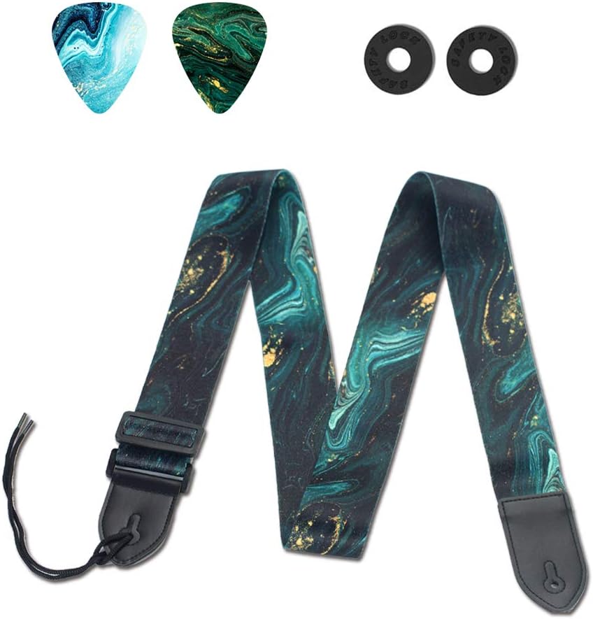 QIELIZI Adjustable Guitar Strap Includes 2 Strap Locks & 2 Matching Picks & 1 Picks Holder & 1 leather Strap Button