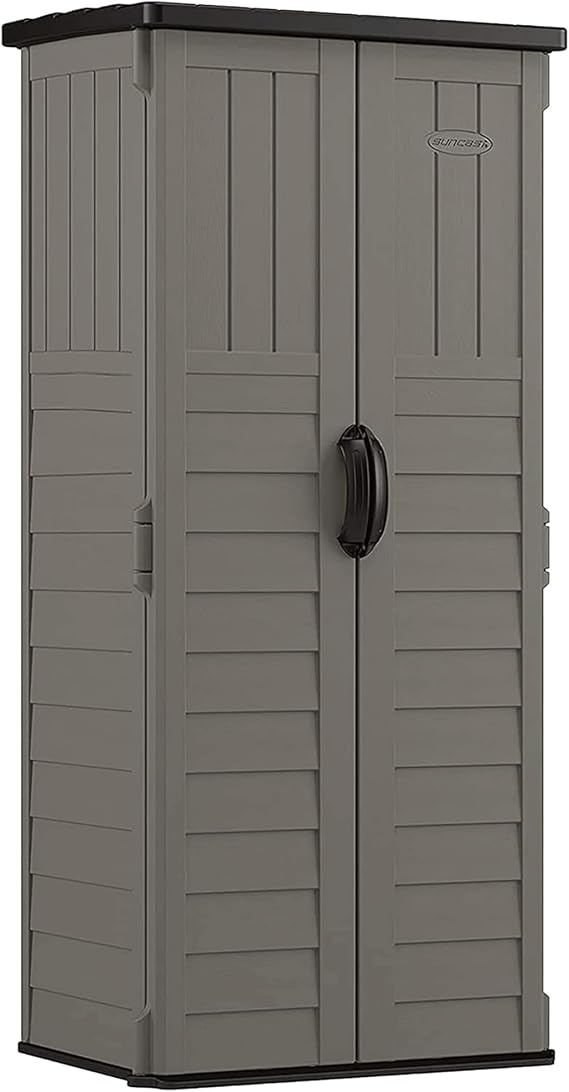 Suncast 22 Cu Ft, Vertical Storage Shed, Pad-Lockable Double Doors, Stoney