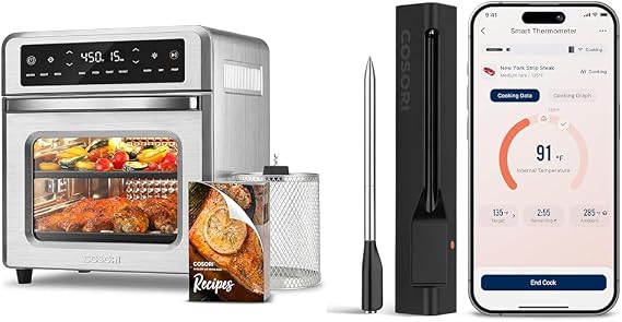 COSORI 11-in-1 Air Fryer Oven, 13Qt Small Footprint Airfryer combo with Rotisserie + Wireless Meat Thermometer Digital, Bluetooth Cooking Thermometer for Grill, Smoker, BBQ, Oven, Stove, Air Fryer, 7