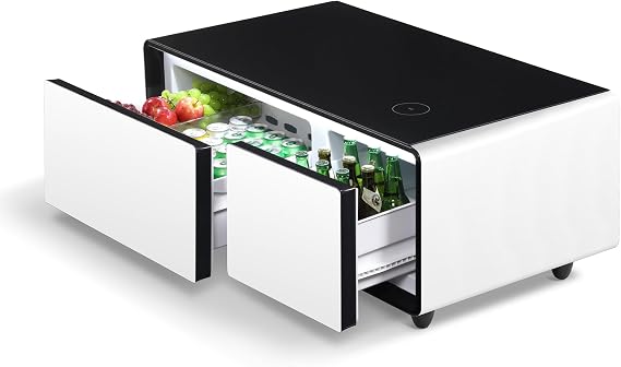 Modern Smart Coffee Table with Built in Fridge, Outlet Protection,Wireless Charging, Mechanical Temperature Control, Power Socket, USB Interface and Ice Water Interface, White