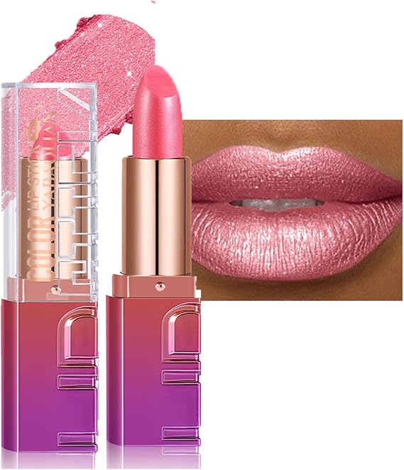 Metallic Pink Lipstick, Shimmers Pearl Lipstick Lightweight Hydrating Creamy Light pink Glitter Lip Stick Longlasting Pearlescent Lip Gloss For Women