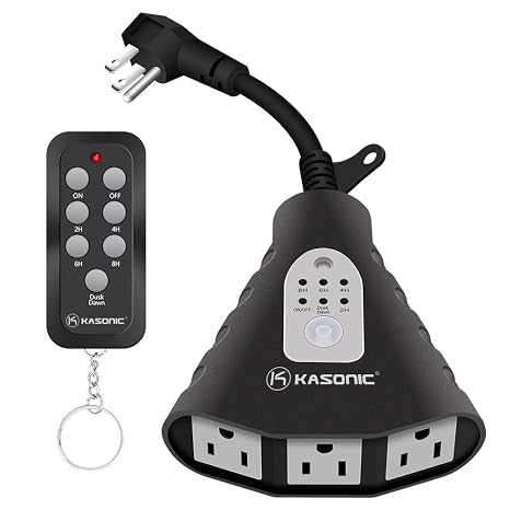K KASONIC - Outdoor Light Timer, Waterproof Plug in Sensor Outlet Timer Switch, 100 ft Range Remote Control with 3 Grounded Electrical Outlets for Home and Garden, ELT Listed