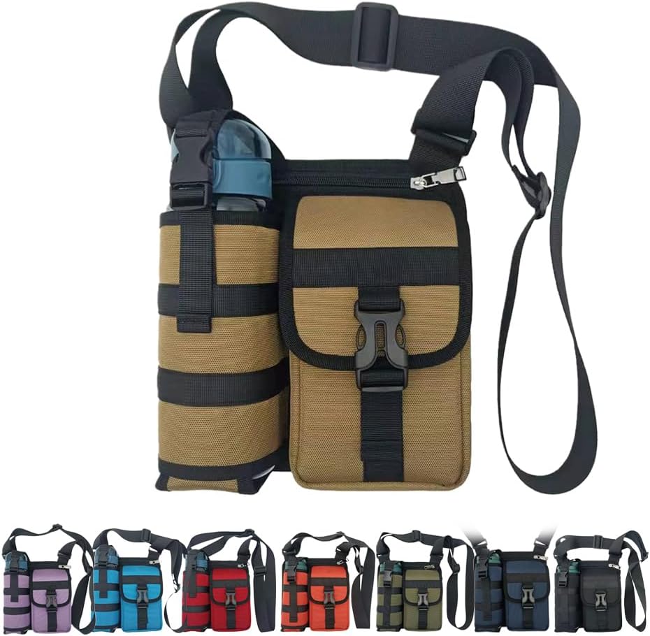 Shoulder Bags With Water Bottle Holder, Sling Backpack Shoulder Crossbody Bag Sports Workout Bags Crossbody Water Bottle Pouch Holder for Hiking, Camping, Fishing Khaki