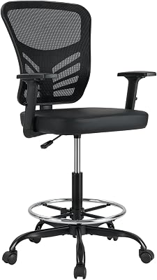 COSTWAY Tall Office Chair, Ergonomic Mesh Back Counter Height Standing Desk Chair wAdjustable Footrest & Armrests, Rolling Height Adjustable Computer Drafting Chair for Home Office, Black