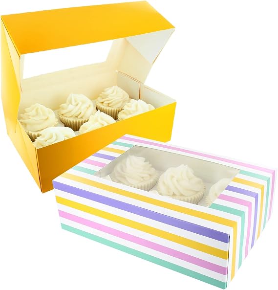 Baked with Love 650214 6/12 Cupcake Box, Twin Pack, Bold Stripes & Yellow Windowed to Carry Tasty Treats, Includes Dual Insert for 6 Standard Cupcakes or 12 Mini Cupcakes, Pack of 2 Boxes | 24.0 x 16.5 x 7.5cm, Dual Insert For 6 Standard Or 12 Mini Cupcakes, Sturdy Food-Safe Card