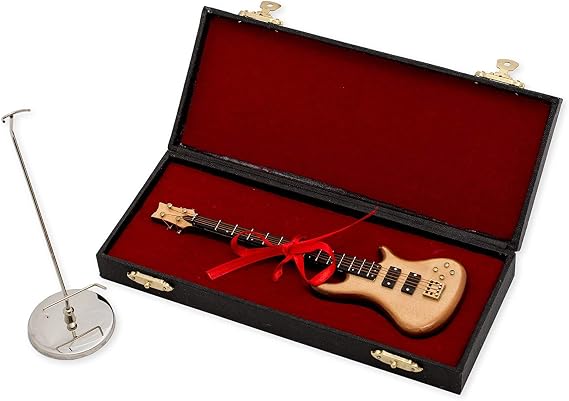 Broadway Gift Natural Wood Bass Electric Guitar with Case & Stand Figurine | 7" Replica Hand-Crafter Musical Guitar Figurine with Gift Case & Stand for Guitarist & Musician's