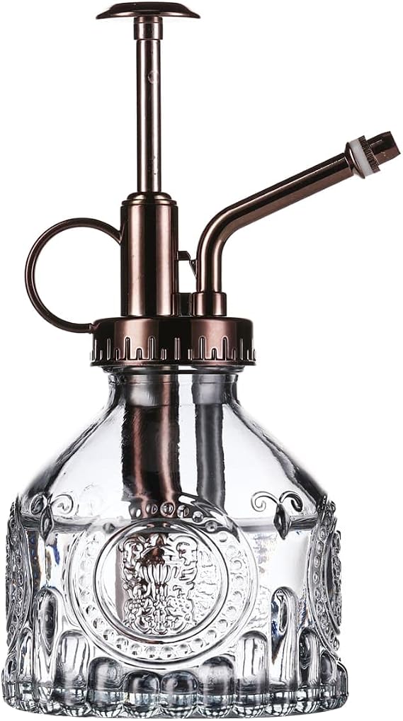 Glass Plant Mister - 6.5" Green Glass Water Spray Bottle with Gold Top Pump, Small Plant Sprayer for Indoor/Outdoor House Plants (Gray+Bronze)