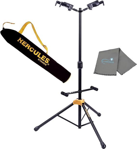 Lumintrail Hercules GS422B PLUS Double Guitar Stand, Auto Grip System, Foldable Backrest, Fits Guitar Neck Sizes 1.57 - 2.05, with Hercules Carrying Bag GSB001, and a Cleaning Cloth