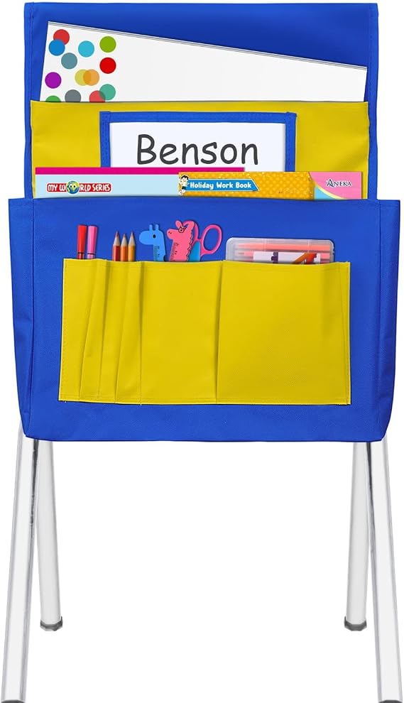 Chairback Buddy Pocket Chart, Canvas Seatback Stuff Storage Pocket - Home, Classroom, Group Team Organizers for Child (Blue+Yellow)