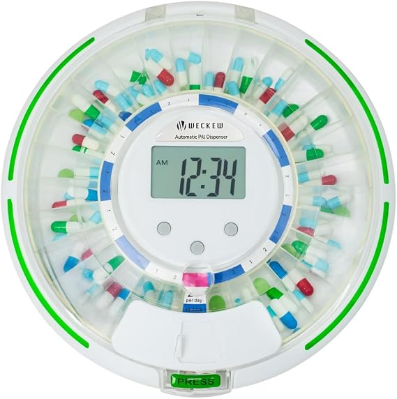 WECKEW Automatic Pill Dispenser with 28-Day Electronic Medication Organizer, 6 Dosage Templates, Easy-Read LCD Display, Sound & Light Alerts & Key for Prescriptions, Vitamins, Supplements & More