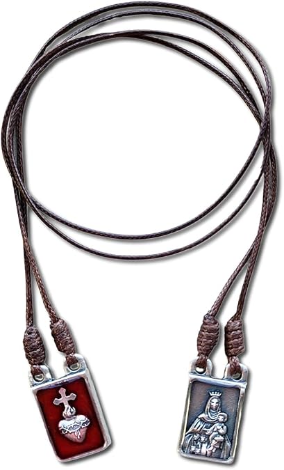 Brown Scapular Necklace with Metal Tags and Free Brown Wool Scapular Powerful Protection Catholic Gifts