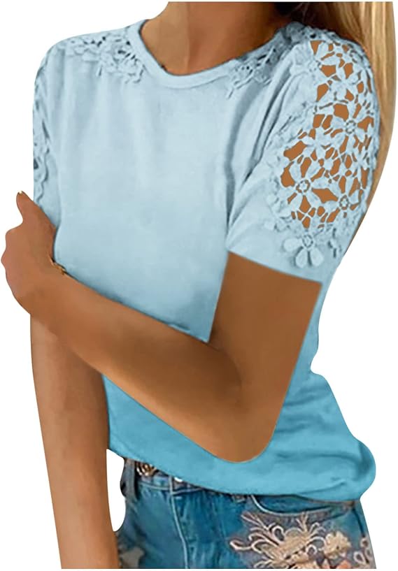 Womens Tops 2023 Summer Fashion Lace Crochet Short Sleeve Crewneck Shirts Business Casual Outfits Dressy Cute Blouses