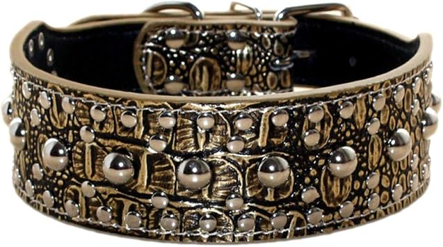 New Unisex Studded Leather Dog Collars Medium Large Dog Necklace for Pitbull Doberman Sizes M L(Gold Brown,M)