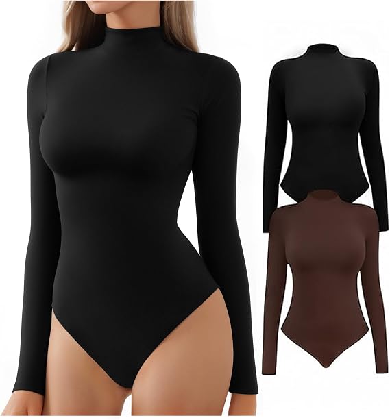 ALGALAROUND Women's Turtle Neck Bodysuit Long Sleeve Double Lined Basics Body Suit Tops