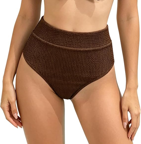 Womens Brown Bikini Bottom Crinkled Stretch Crepe Fabric, Mid-Cut High Waist, Full-Moderate Coverage