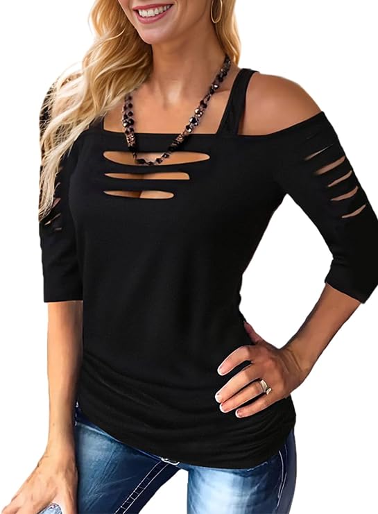 Bellelily Womens Sexy Tops Cut Out Cold Shoulder Half Sleeve Ruched Shirts