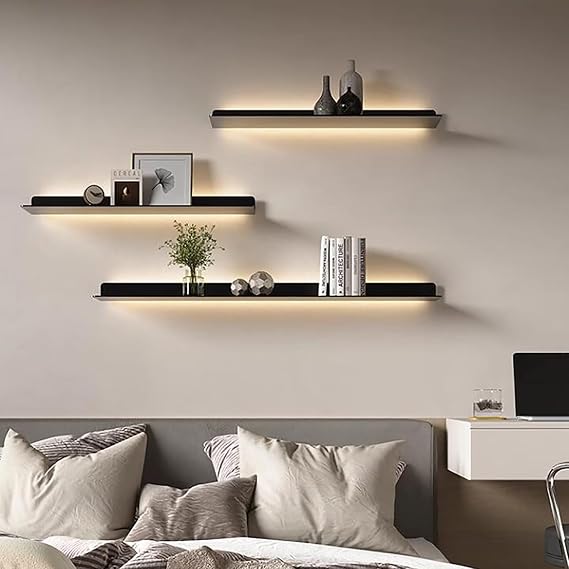 Modern Floating Shelves Set of 2 with LED Lights, Metal Wall Mounted Display Racks for Home Decor,Living Room, Kitchen, Bathroom Storage & Ambient Lighting