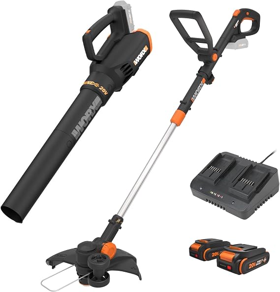 Worx 20V 12" 3-in-1 Cordless Weed Wacker & 360CFM Leaf Blower Kit, WG930.2 | Electric String Trimmer with Command Feed, Blower with Multi Speed, 2 x 2.0Ah Batteries & 2.0Ah Charger Included, PowerShare