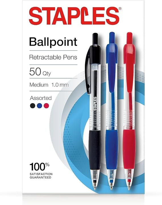 Staples Retractable Ballpoint Pens, Medium 1.0mm, Assorted Ink, 50-Pk | Bulk writing pens for office and everyday administrative use.