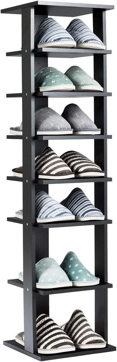 Multigot 7-Tier Shoe Rack, Wooden Shoe Shelf Organizer Unit, Space-Saving Single/Double Storage Stand (27 x 26 x 110cm, Black)