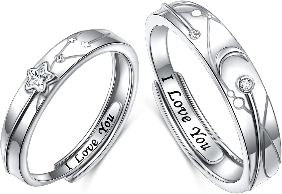 Promise Rings for Couples Sterling Silver Matching Rings for Women Adjustable Sun/Moon/Star/Heart Him and Her Rings Carved I LOVE YOU Couples Jewelry Gift for Men Women