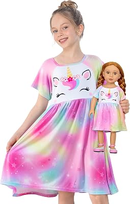 Play Tailor Doll and Girl Matching Nightgown Unicorn Outfit Pajamas Night Dress for Girls and 18 Dolls Clothes