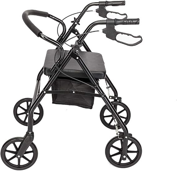 Folding Four Wheel Rollator, Lightweight Mobility Walker with Seat & Carry Bag, Mobility Walker Rollator 4 Wheel with Padded Seat, Lockable Brakes and Bag, Mobility Aid for Elderly Disabled (Black)