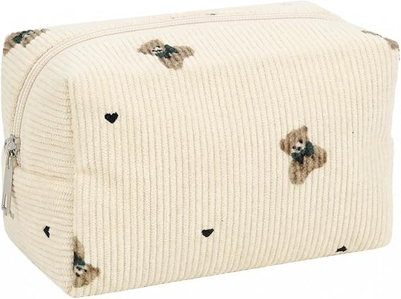 Corduroy women's cosmetic bags, cosmetic bags with soft zippers, storage bags, cosmetic travel bags, playful pouches with bear motifs