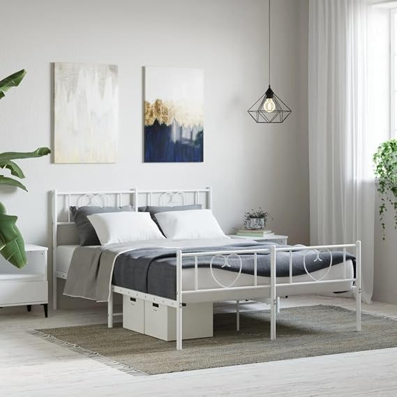 Metal Bed Frame Without Mattress & Headboard White 140x190cm Platform Bed with Ribbed Back, Easy Installation for Bedroom, Adults