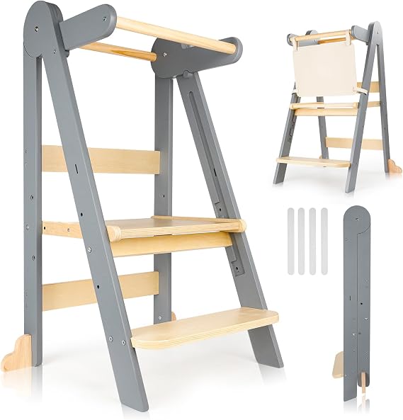 Foldable Toddler Learning Tower, Adjustable Kitchen Helper Step Stool