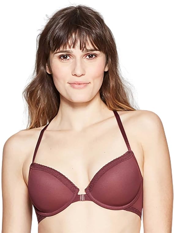 Auden Women's Ace Lightly Lined Lace Trim Demi Racerback Bra Burgundy Mist 32DDD