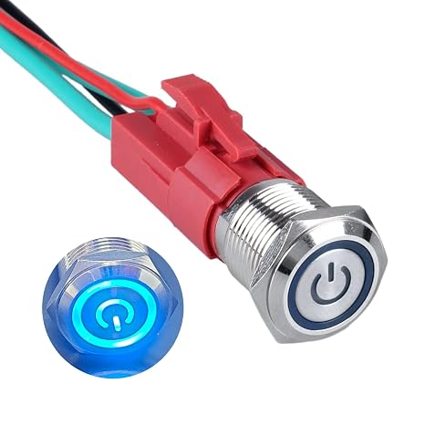 16mm Heavy Duty Latching Metal Push Button Switch Waterproof 20Amp 12V-24V ON-Off 1NO 4 Pins with Pre-Wired Socket for 5/8" Mounting Hole with Power Symbol (Silver Shell Blue LED)