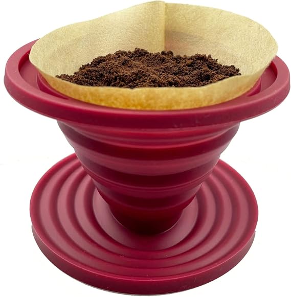 Attsky Collapsible Pour Over Coffee Dripper for Camping & Travel, Red | Reusable Silicone Filter Holder for Travel & Backpacking, Brews 2+ Cups, Single-Cup Brewer, Compact Camp Coffee Maker Kit