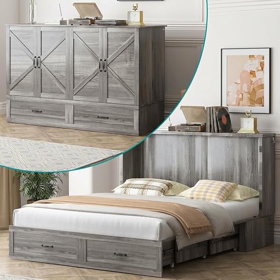 BALUS Murphy Bed Queen Size with Mattress, Queen Murphy Cabinet Bed-Grey | Built in USB Chariging Station, Large Storage Drawer,Hidden Wall Bed, Tri-fold Mattress,Space Saving